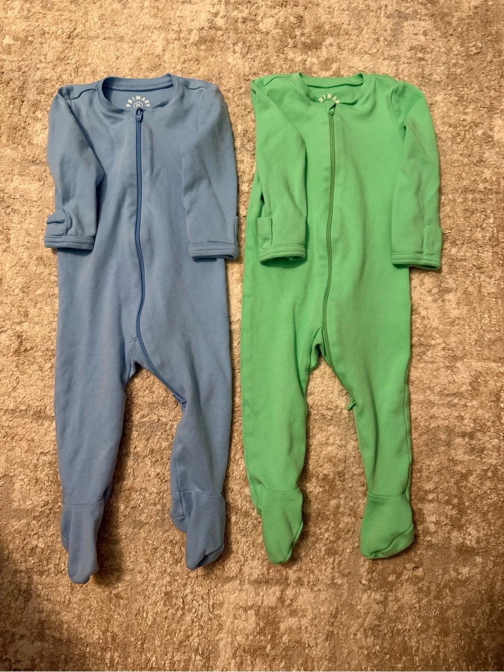 Primary Organic Cotton Footed One-Piece Sleepers in Blue and Green size 3/6M